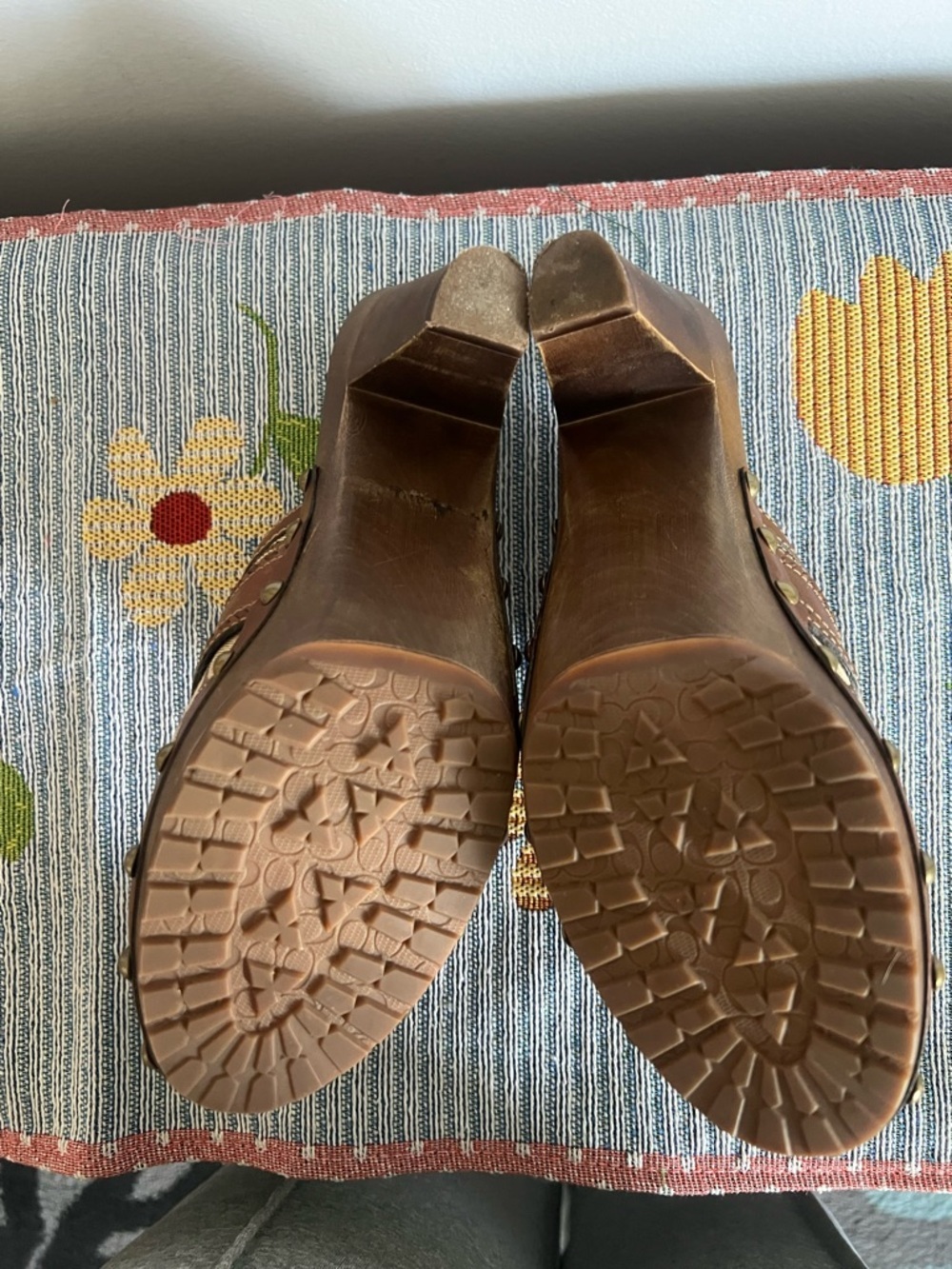 Coach Tan and Brown Signature Clog Mules with Brass Buckle 7.5 - Picture 9 of 11